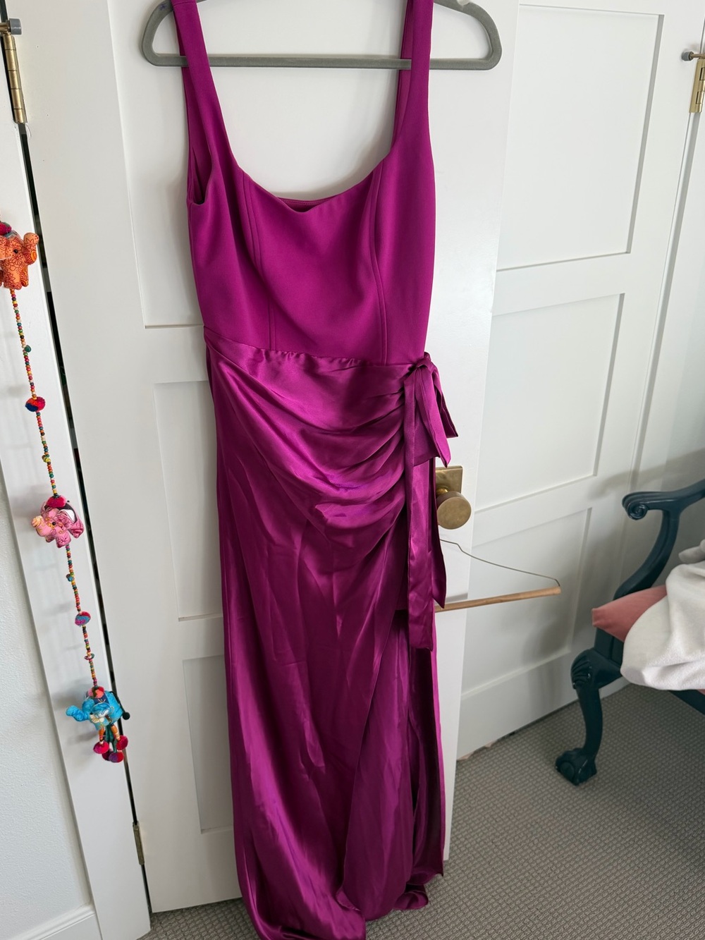 Fuchsia Satin Draped Tie-Waist Maxi Dress